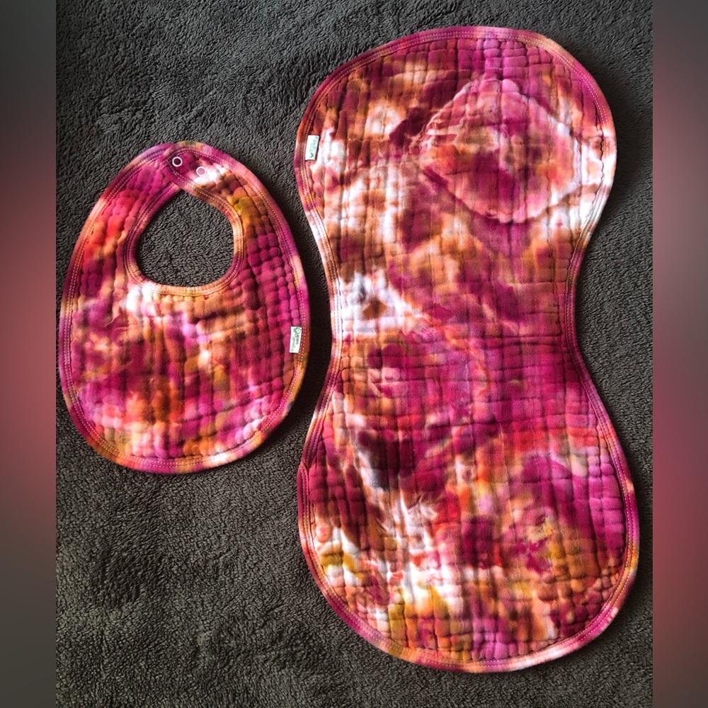 Hand-dyed Tie Dye Organic Cotton Bib and Burpcloth set